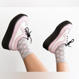 NWOT T.U.K Viva High Sole Mondo Wingtip Oxford Platform Creeper White Pink EU 39